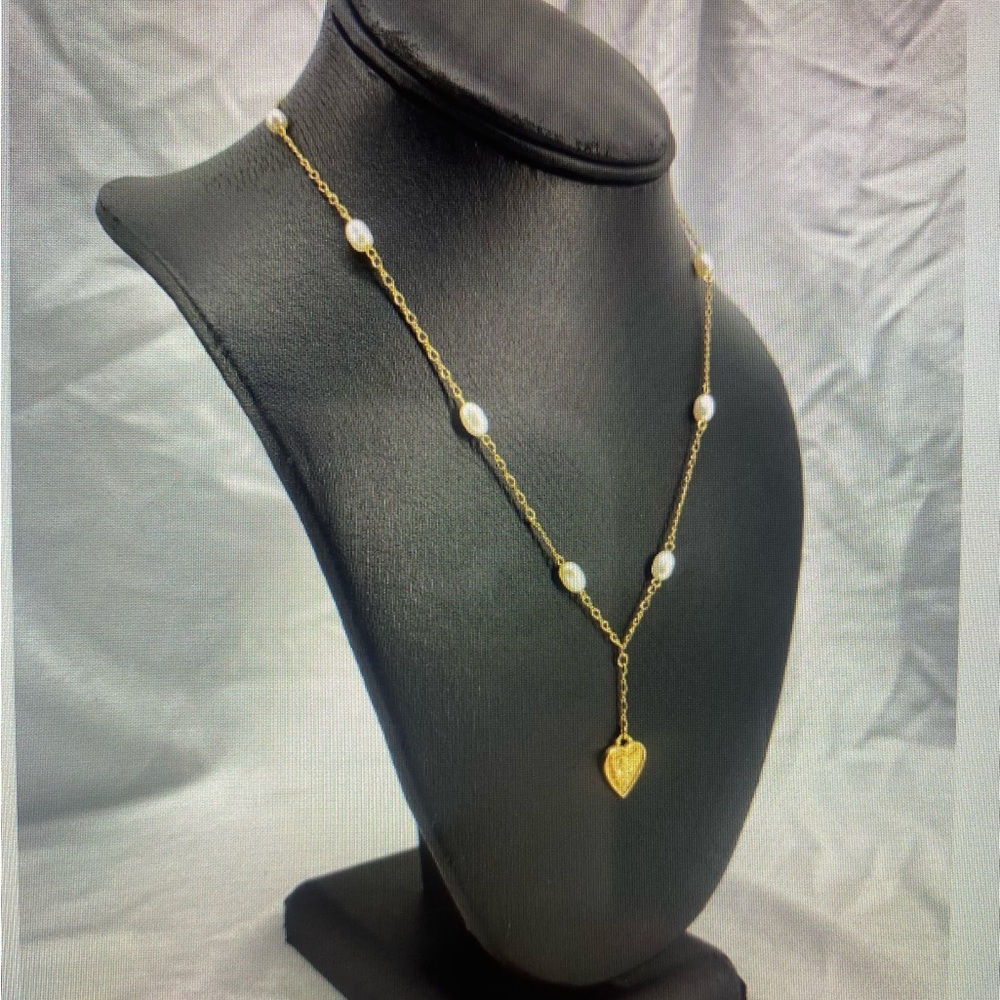 Gold Pearl Station Necklace with Angel Heart Charm